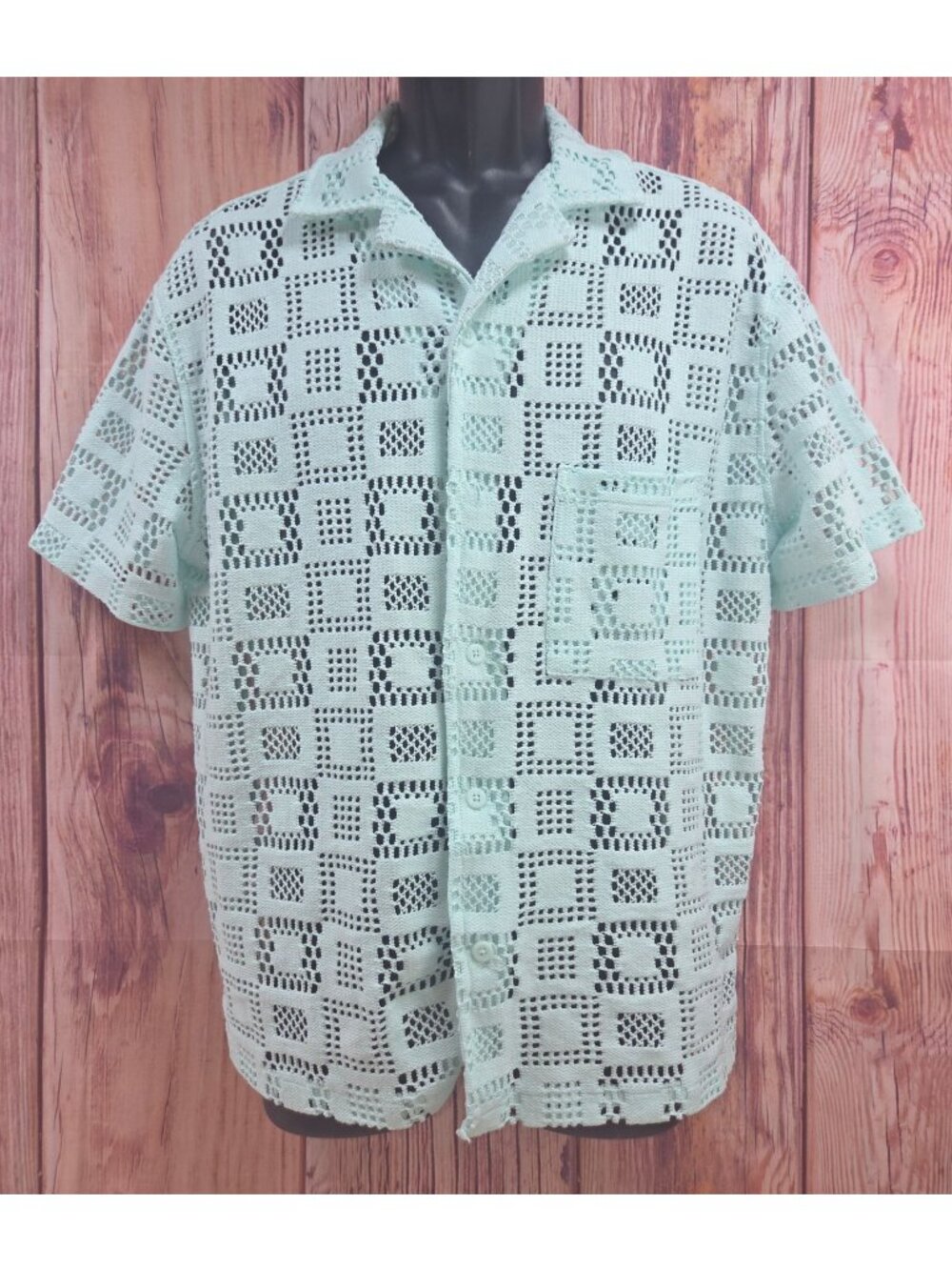 Original Use Mens Mint Green Crochet Button-Up Shirt Large Lightweight